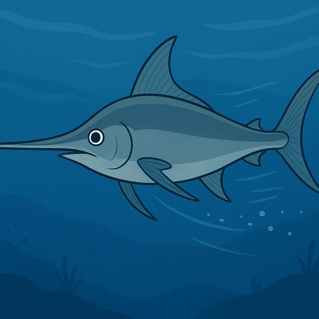 A detailed illustration of a swordfish swimming quickly underwater, showing its long, pointed bill.