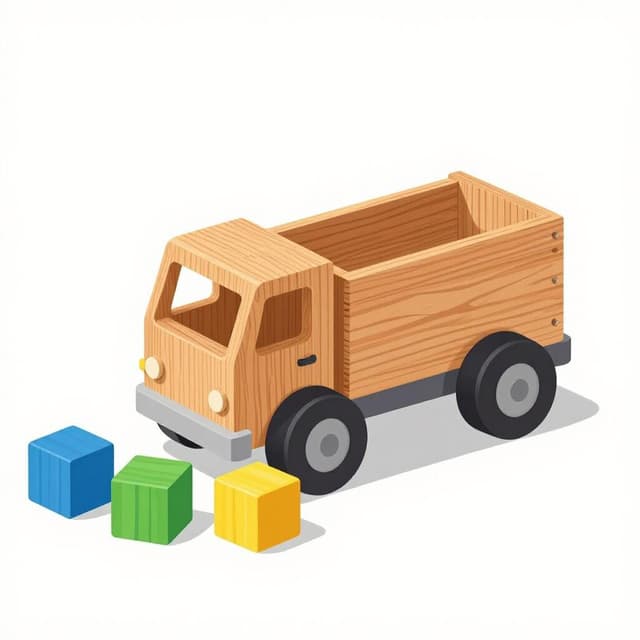 A wooden toy truck tipped over on its side with colorful blocks spilled out on the floor.