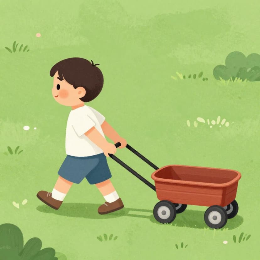 A child pulling a small wooden toy wagon by its handle.