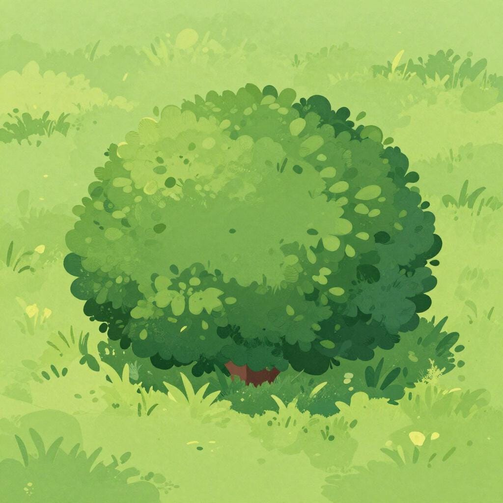 Um arbusto verde vibrante, denso e redondo, situado em um pedaço de chão gramado sob um céu azul claro, ilustrado em um estilo de livro de histórias simples.