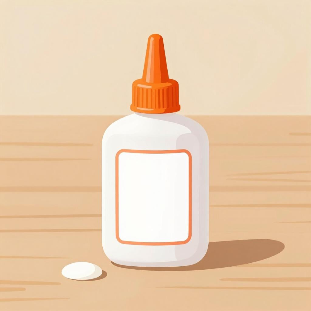 A white glue bottle with an orange cap standing upright on a wooden table.