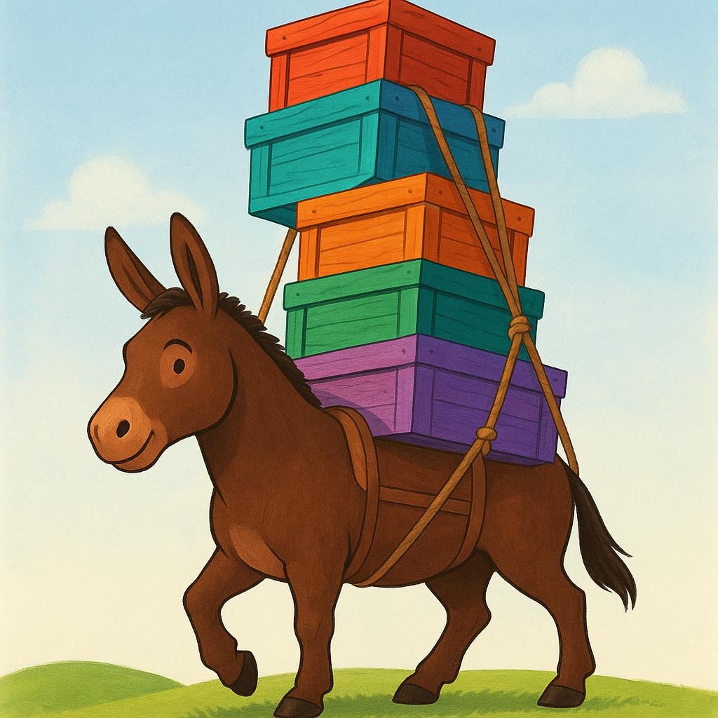 A strong, brown donkey is struggling slightly while carrying a huge, overflowing stack of colorful wooden crates tied securely to its back, illustrating a heavy physical load.