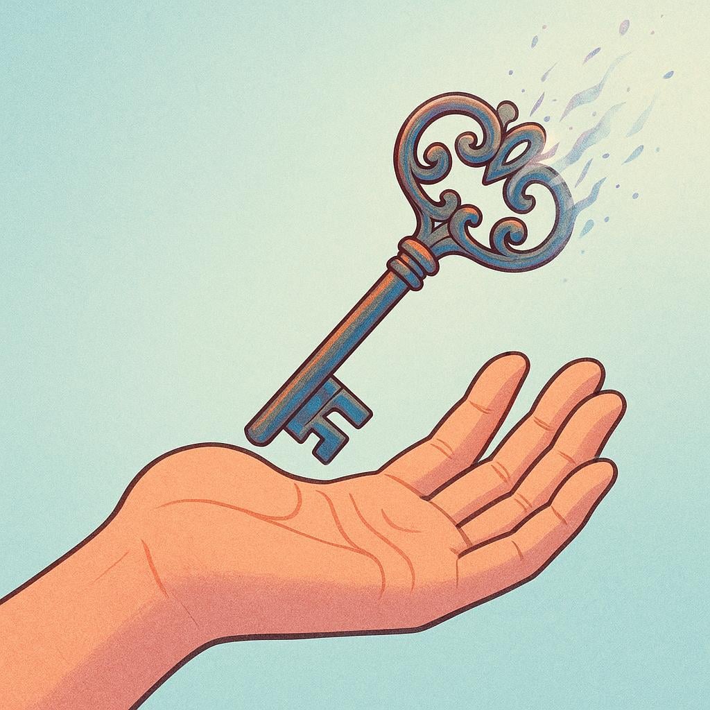 A close-up view of a person's open hand releasing a large, stylized antique key, which is floating away and beginning to dissolve into thin air.