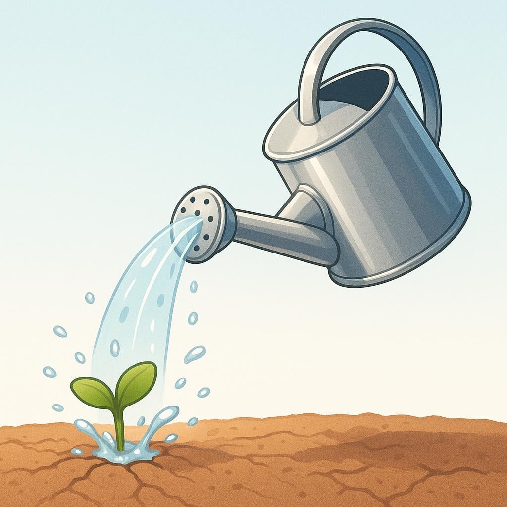 A silver watering can pouring clear water onto dry brown soil, immediately resulting in a small, bright green plant sprout emerging.