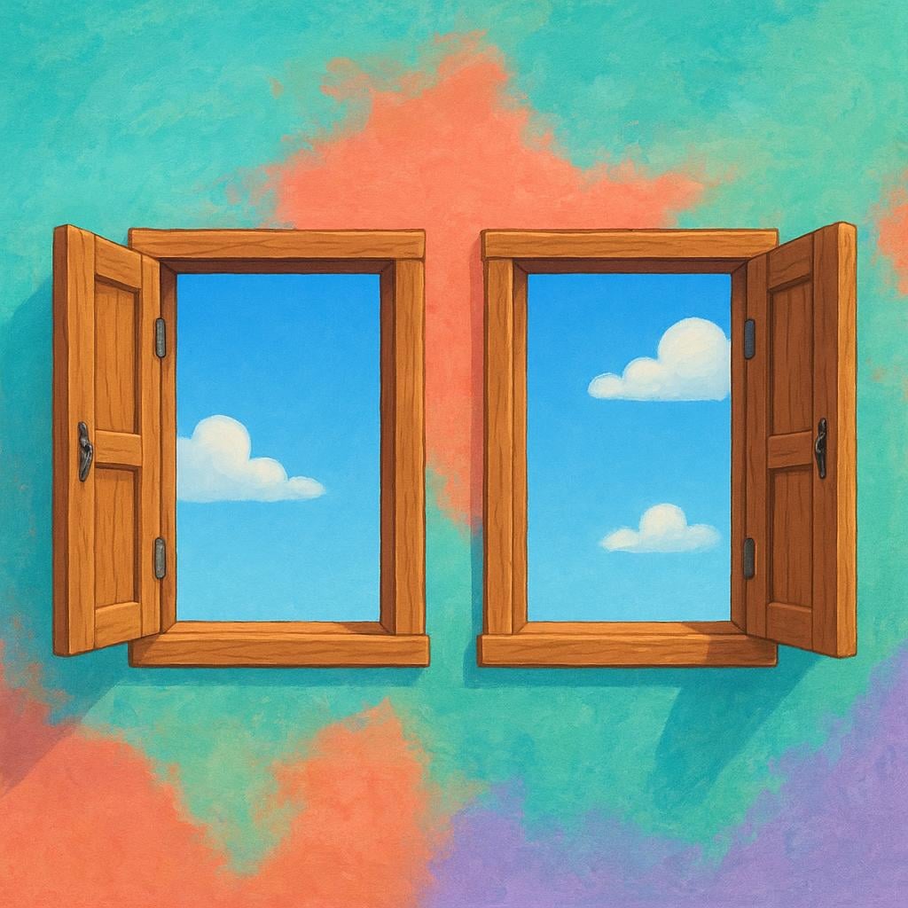 Two rustic wooden windows are wide open on a colorful wall, letting in bright sunlight and revealing a blue sky outside.