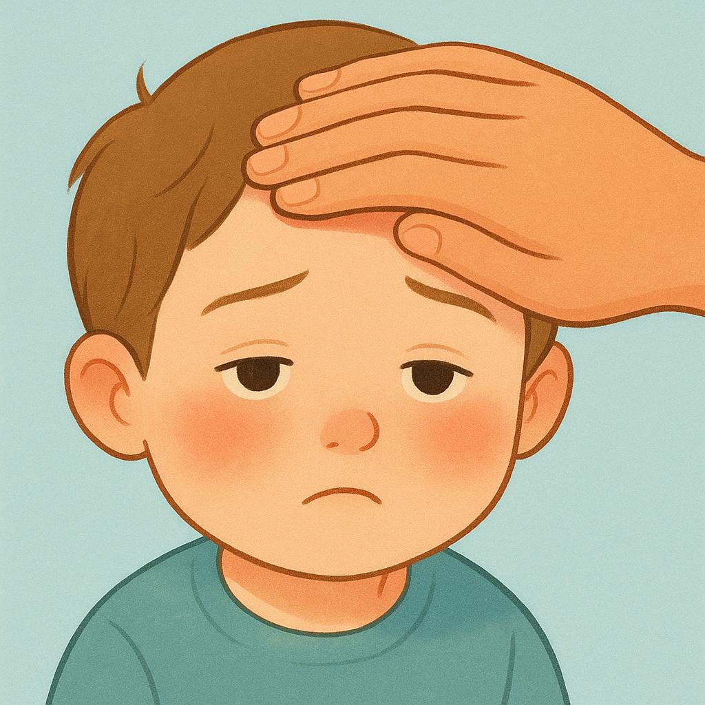 A close-up illustration of an adult hand resting gently on a child's forehead, suggesting the child has a fever.