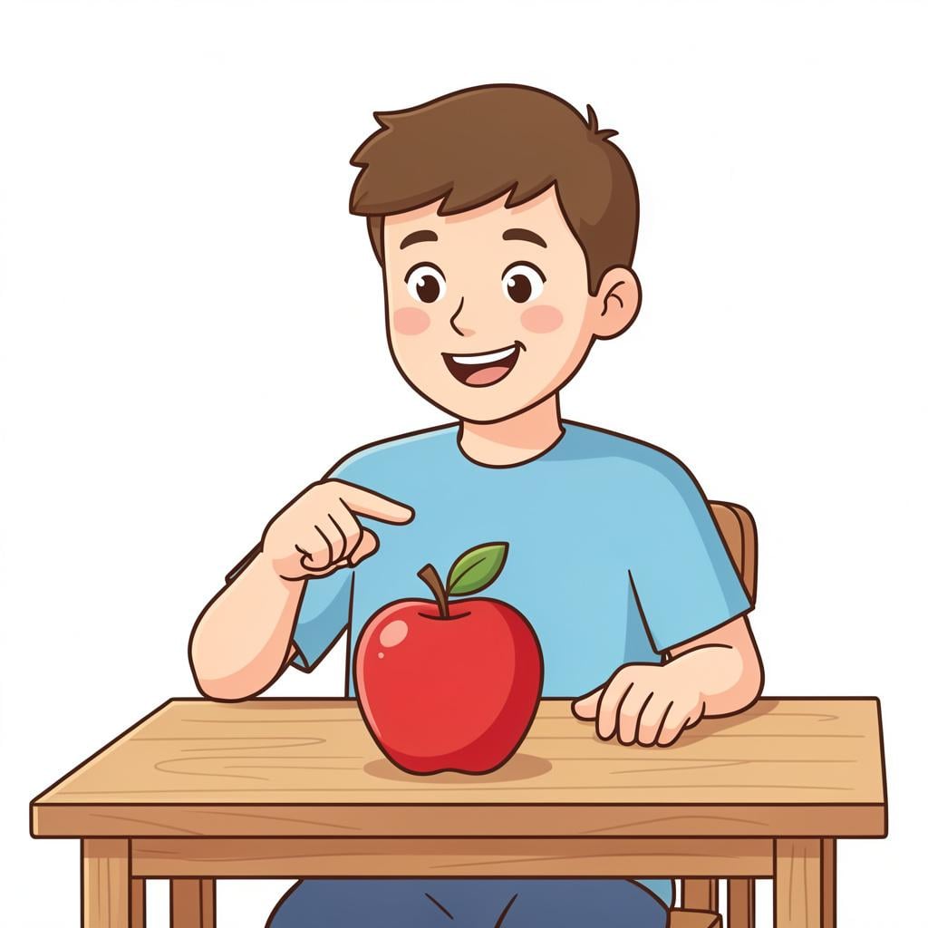 A friendly person pointing towards a delicious-looking red apple on a wooden table.