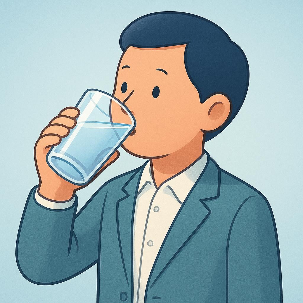 A simple colorful illustration showing a person politely lifting a clear glass of water to their lips, actively drinking the liquid.