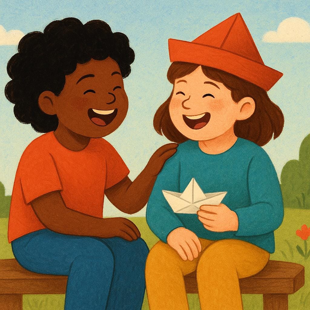 Two friends sitting closely together, sharing a moment of intense laughter and amusement.