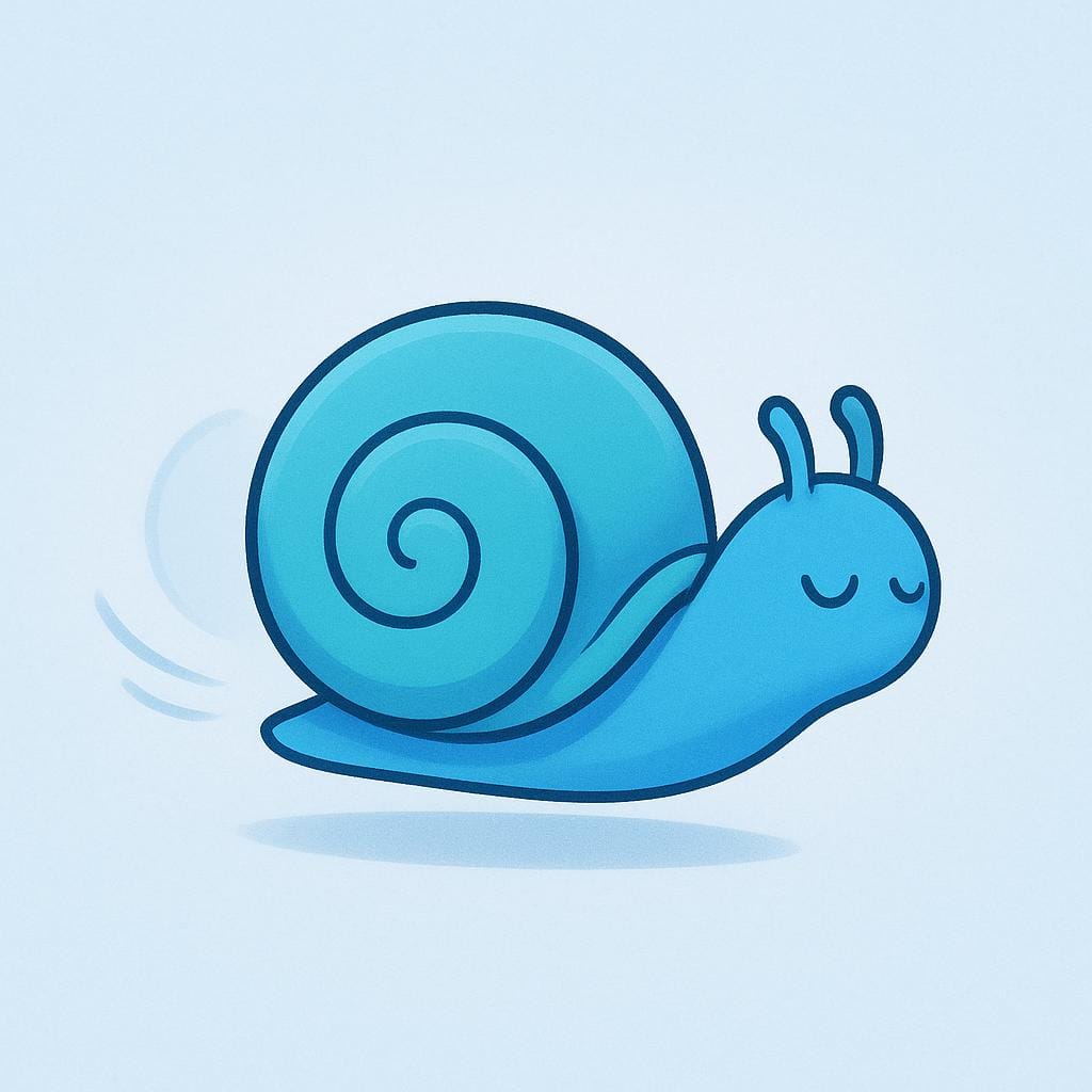 Eine kleine blaue Zeichentrickschnecke ist vollständig in ihr Haus zurückgezogen, was die Rückwärtsbewegung veranschaulicht.