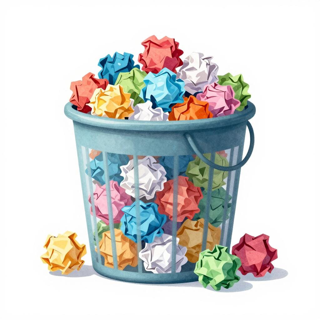 A giant pile of colorful crumpled paper scraps overflowing from a small wastebasket.