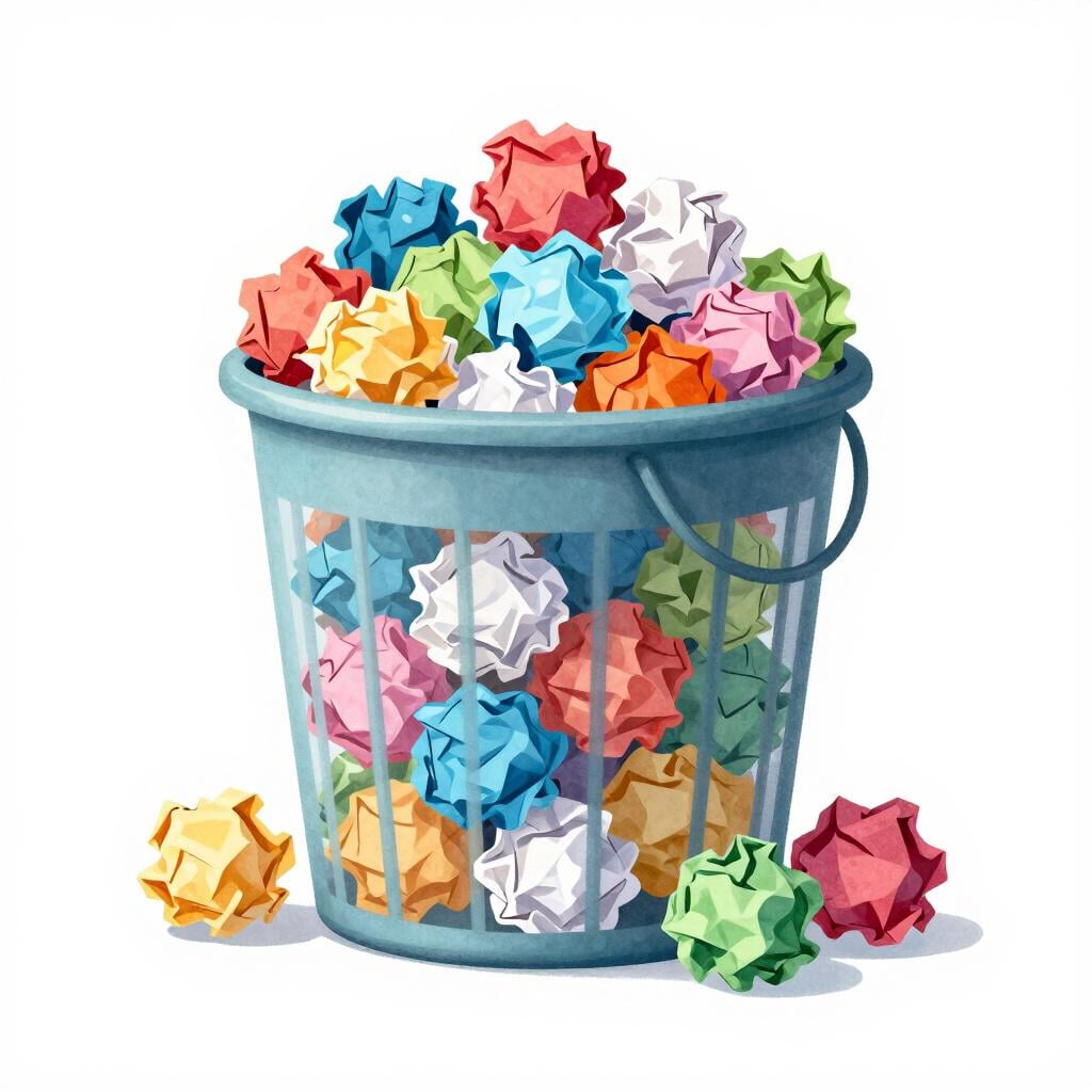 A giant pile of colorful crumpled paper scraps overflowing from a small wastebasket.