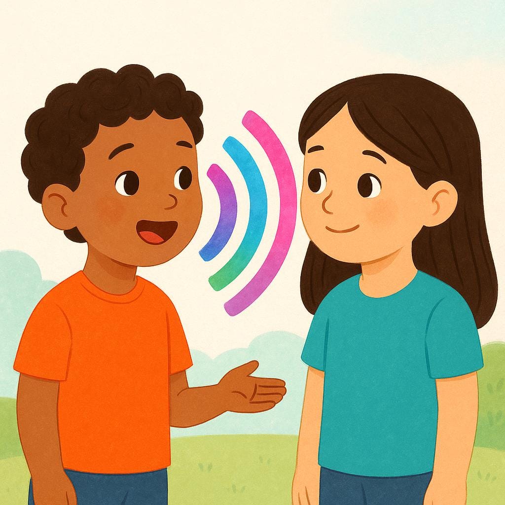 Two simple figures communicating with colorful sound waves arcing between them, illustrating the act of expression.