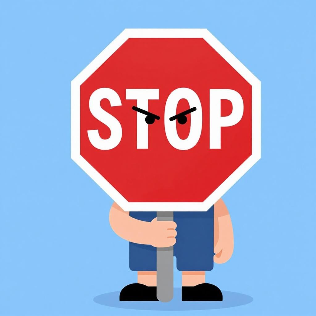 Uma pessoa segurando um grande sinal de pare octogonal vermelho com uma expressão firme e determinada.