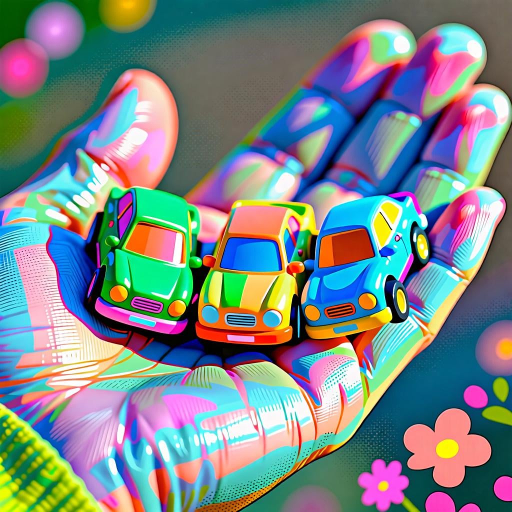 A pair of hands holding three identical, brightly colored toy cars, illustrating the concept of 'these' items that are close to the speaker.