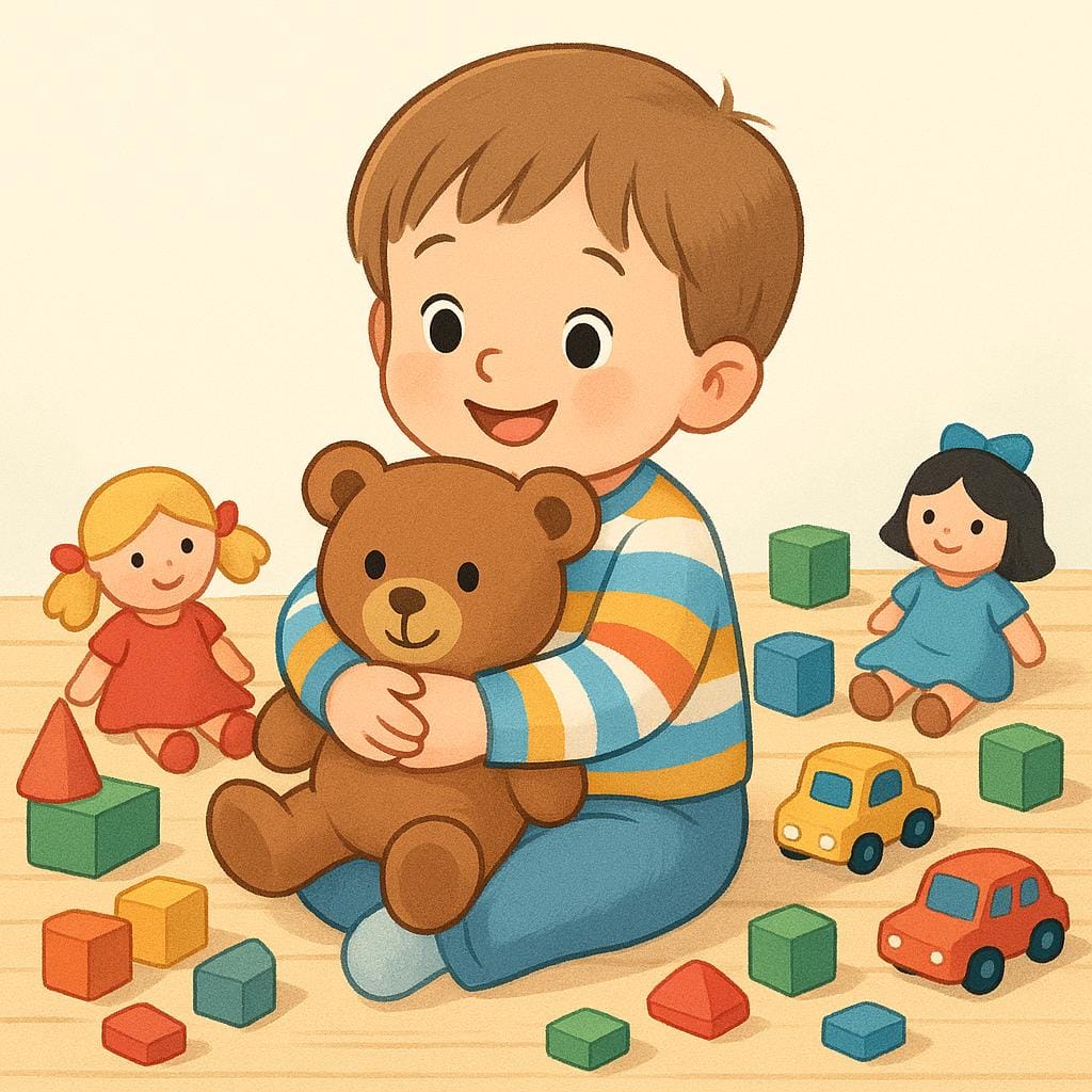 Uma criança sentada feliz no chão, rodeada por uma grande coleção de brinquedos coloridos, ilustrando o conceito de posse no passado.