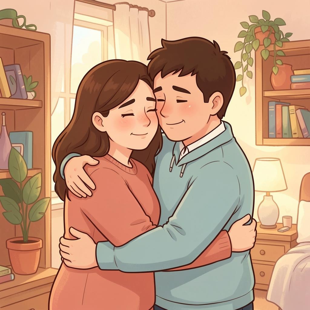 A warm scene of two friends hugging after a disagreement.