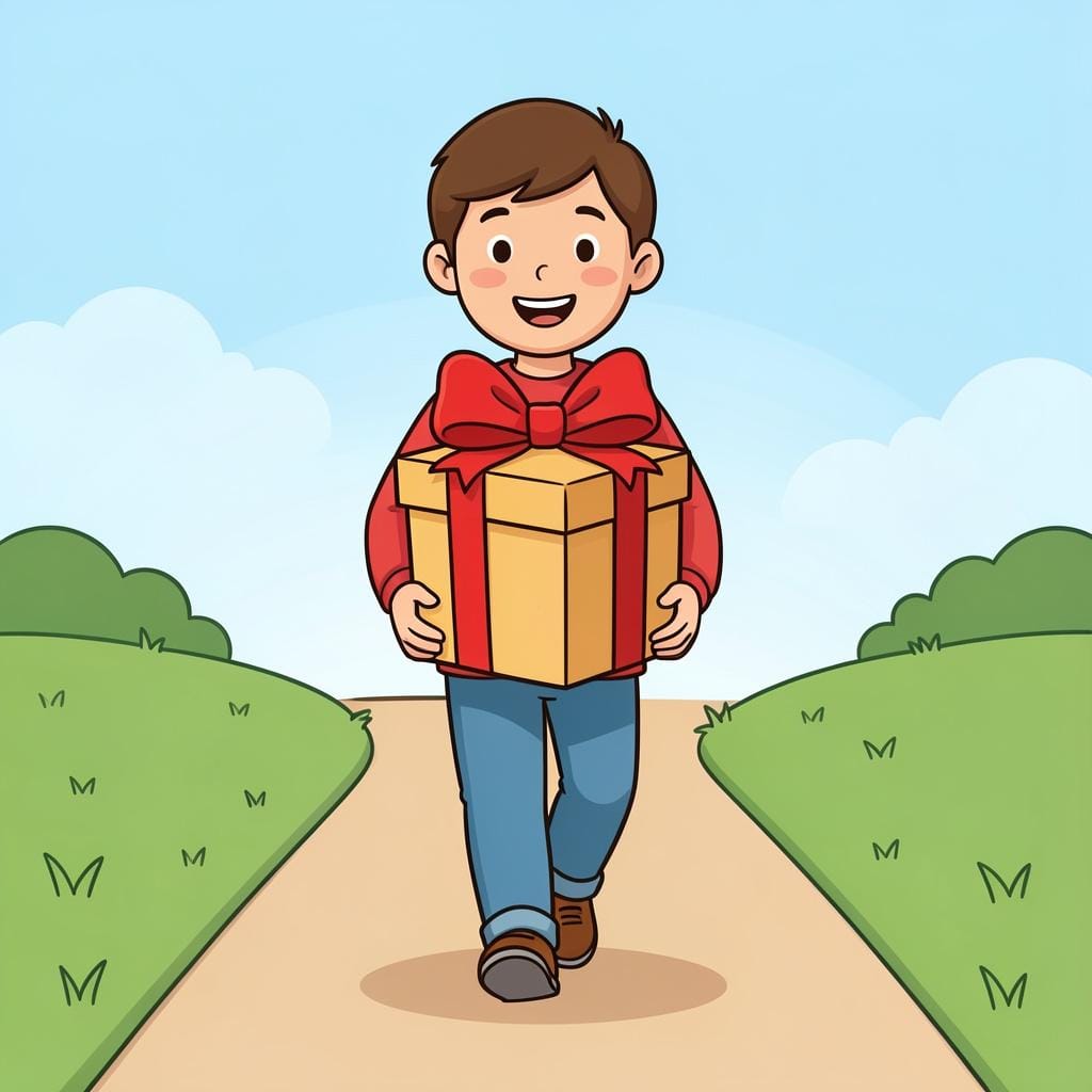 A person walking toward the viewer while carrying a large, colorful gift box with a ribbon.
