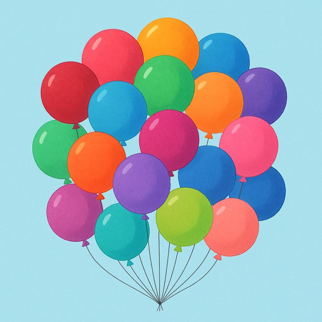 A cluster of twenty brightly colored balloons floating in the air against a light blue background, representing the number twenty.
