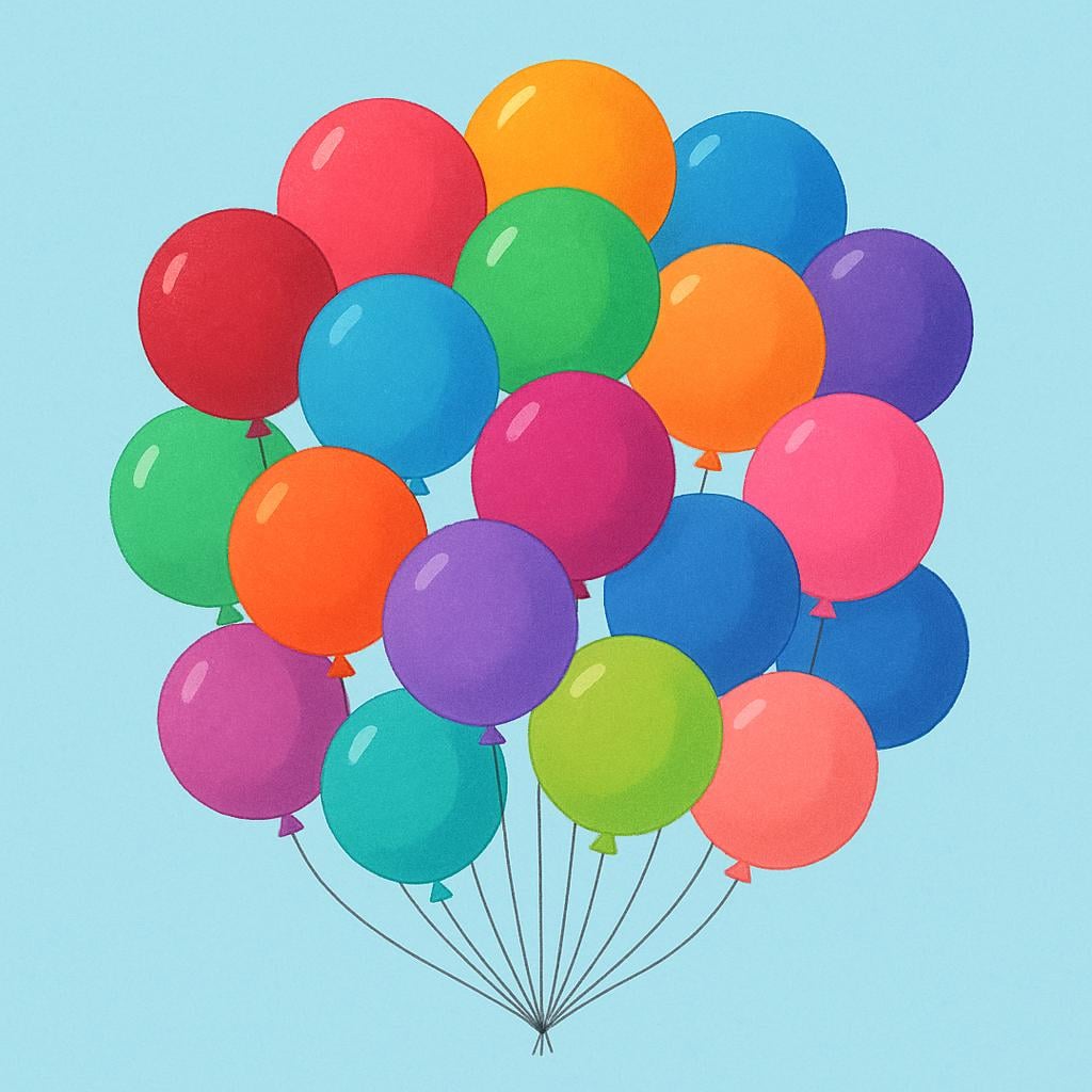 A cluster of twenty brightly colored balloons floating in the air against a light blue background, representing the number twenty.