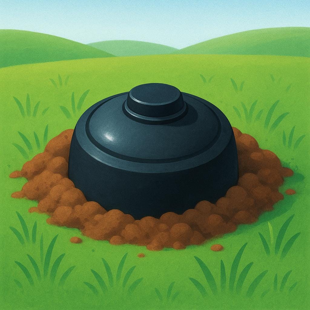A colorful storybook illustration of a round, black military landmine partially hidden in the dirt of a field.