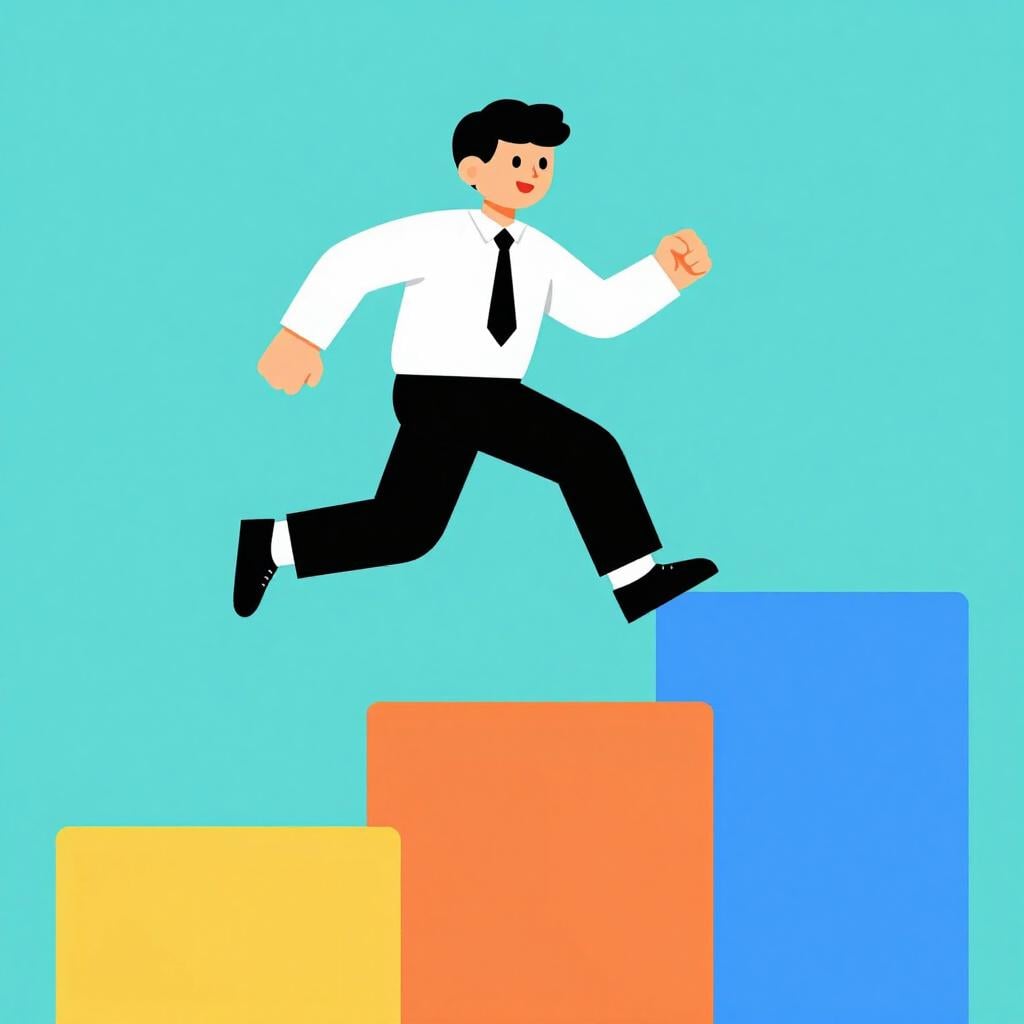 A person in a professional suit stepping up onto a higher wooden pedestal while holding a gold trophy.