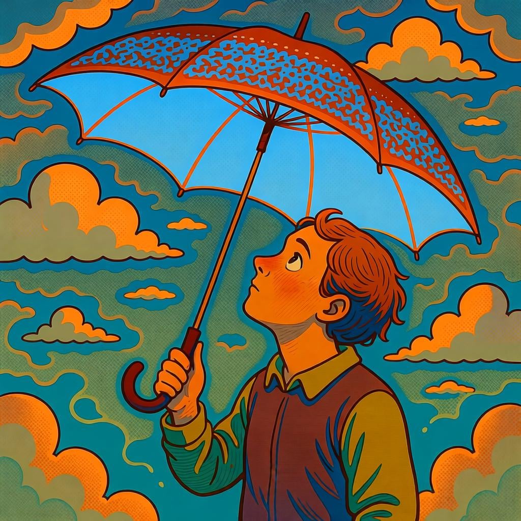 A person looking at a sky with a mix of sun and clouds, trying to decide whether it will rain or not.