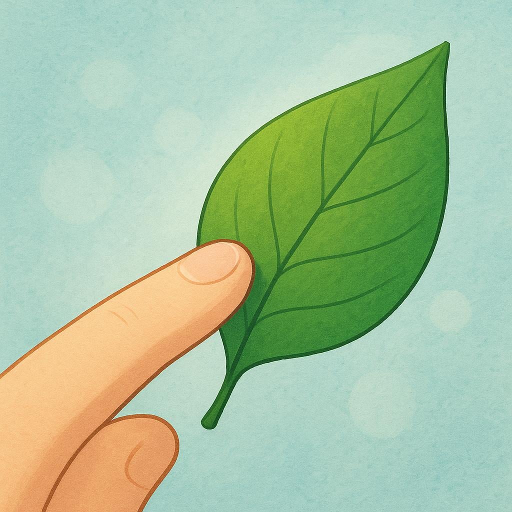 A close-up of a person's index finger gently making contact with a single, vibrant green leaf on a plant.