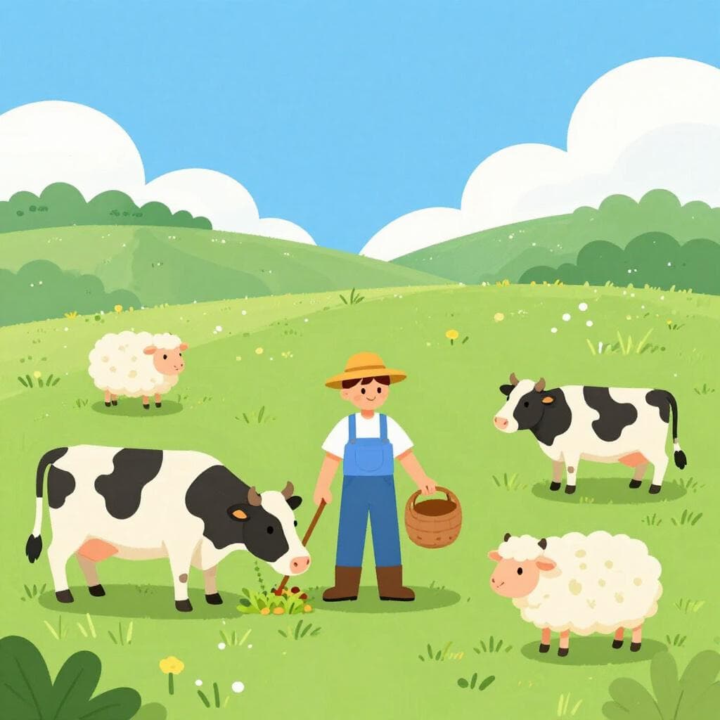 Un fermier sympathique s'occupant d'un groupe de vaches et de moutons en bonne santé dans une prairie verdoyante.