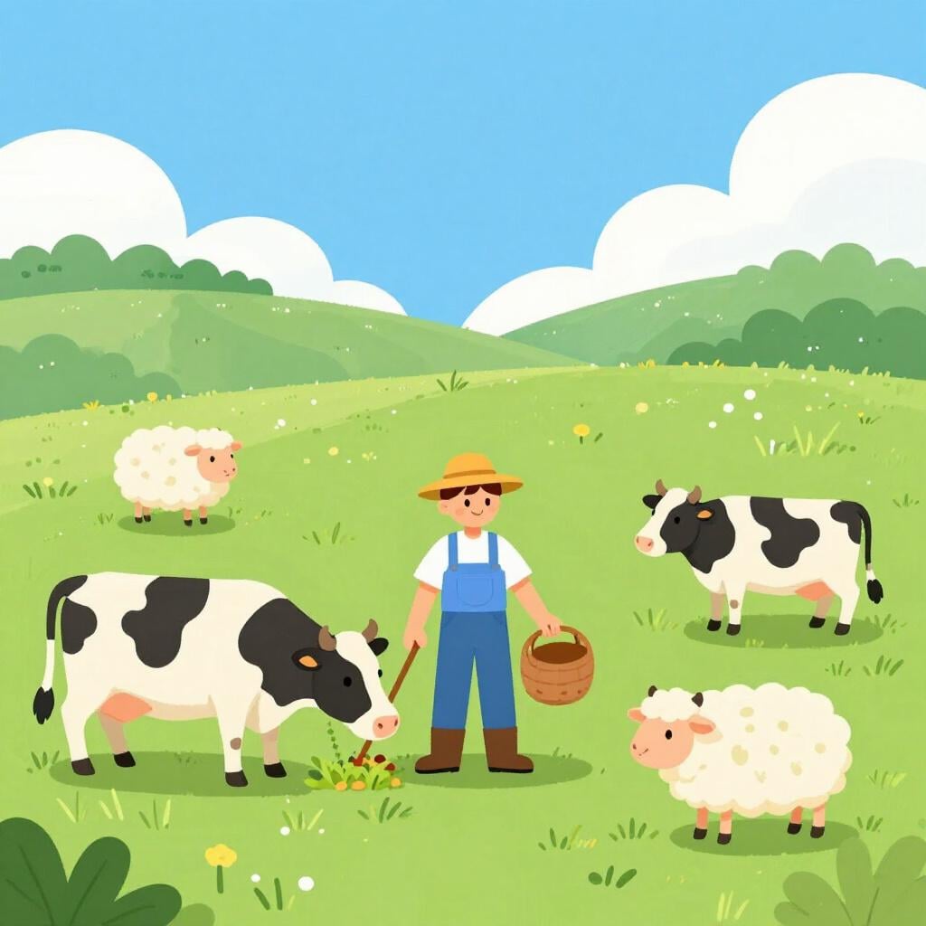 Un fermier sympathique s'occupant d'un groupe de vaches et de moutons en bonne santé dans une prairie verdoyante.