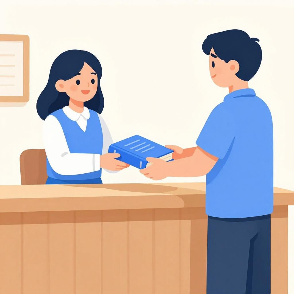 A person handing a book over a counter to a librarian.