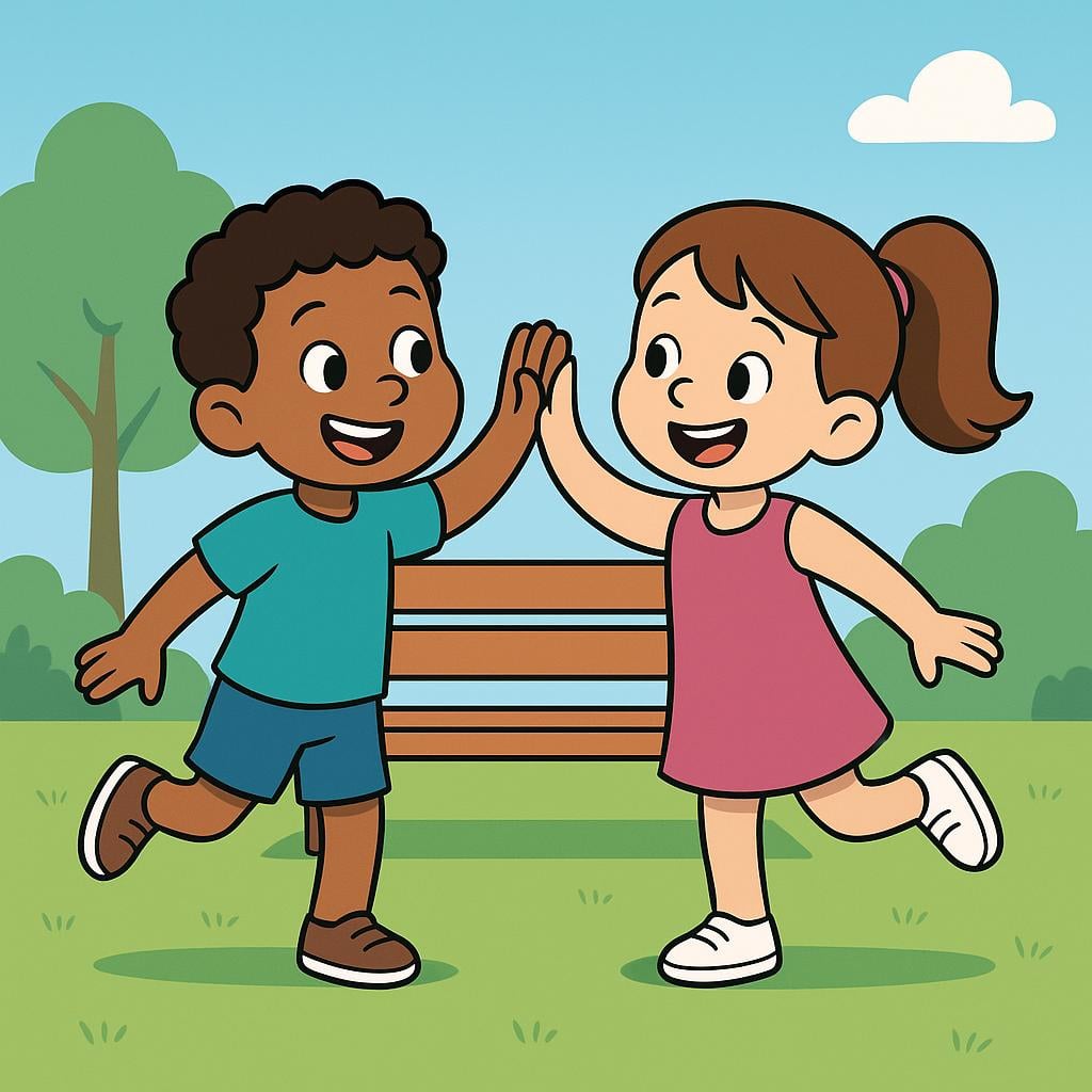 Two smiling cartoon characters greeting each other with a high-five in a brightly lit park, symbolizing a planned social meeting.