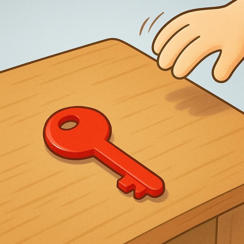 A close-up view of a single red key resting on a wooden surface, suggesting it has just been placed there.