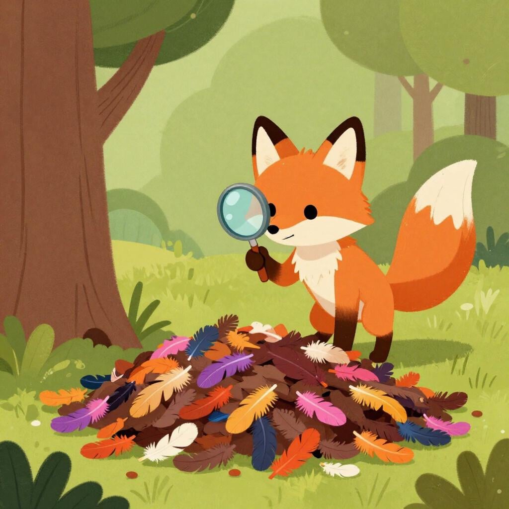 A curious fox holding a magnifying glass and looking thoughtfully at a large pile of colorful feathers scattered on the ground, suggesting a strong probability of something having happened there.