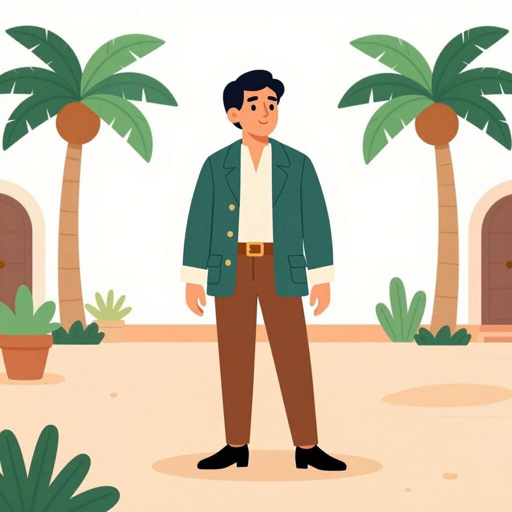 A person in historical colonial attire standing in a tropical courtyard with palm trees.