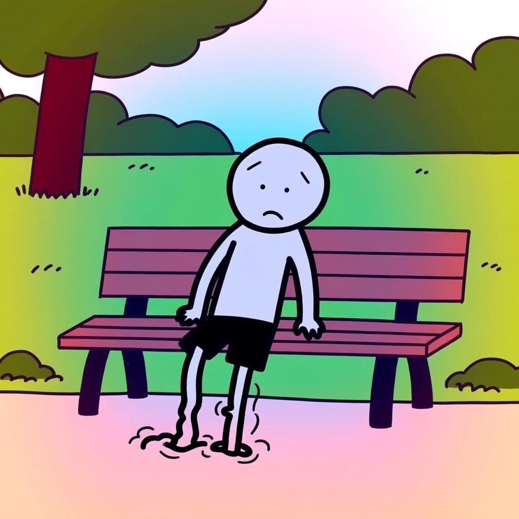 A cartoon person sitting on a bench, trying to stand up but looking unbalanced because their lower leg is numb or 'asleep' and floppy.