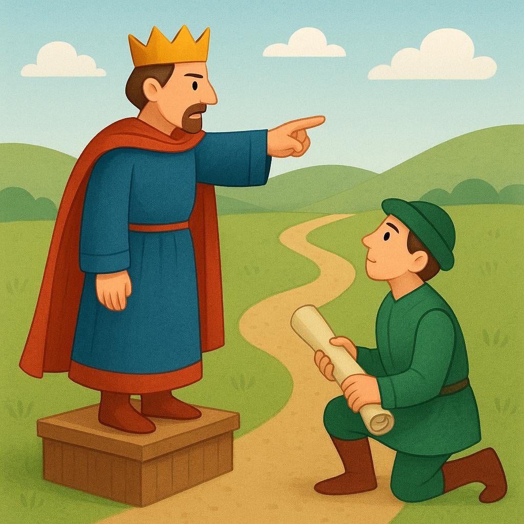 A king wearing a simple crown stands on a small podium, pointing decisively towards a path, instructing a kneeling messenger.