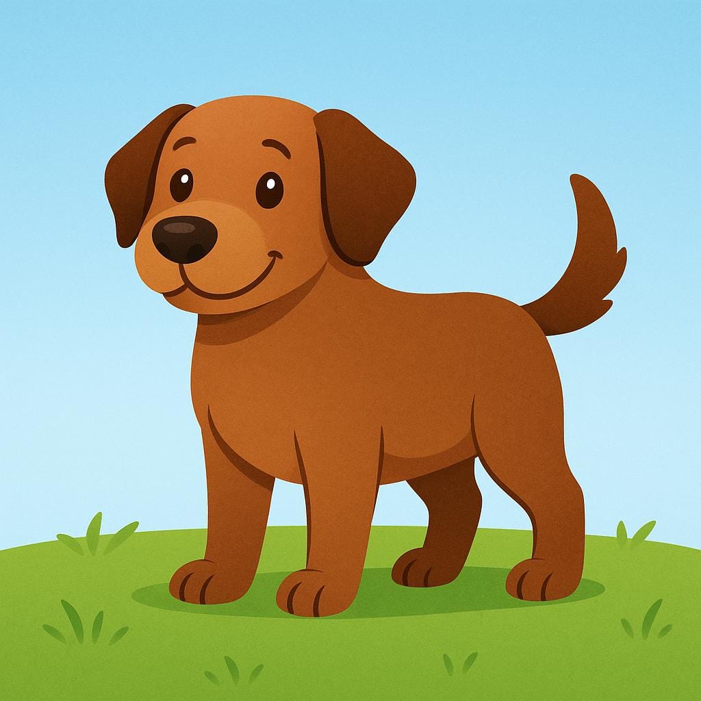 A simple illustration of a friendly brown dog standing on green grass.