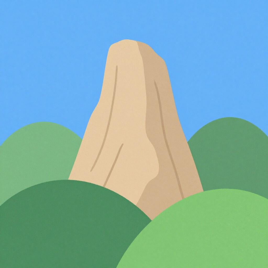 背の高い雄大な山の頂上が、丸みを帯びた小さな丘よりもはるかに高くそびえ立つ様子を描いた、カラフルな絵本の挿絵。