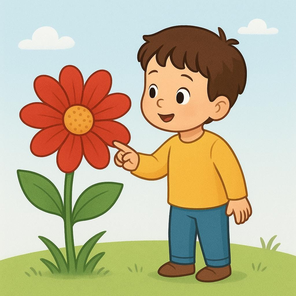 一輪の大きくて鮮やかな赤い花を熱心に見つめている、指をさす子供。
