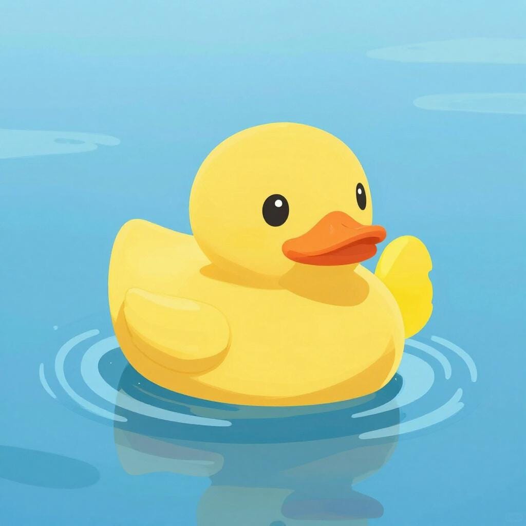 A bright yellow rubber duck floating on the surface of clear blue water.