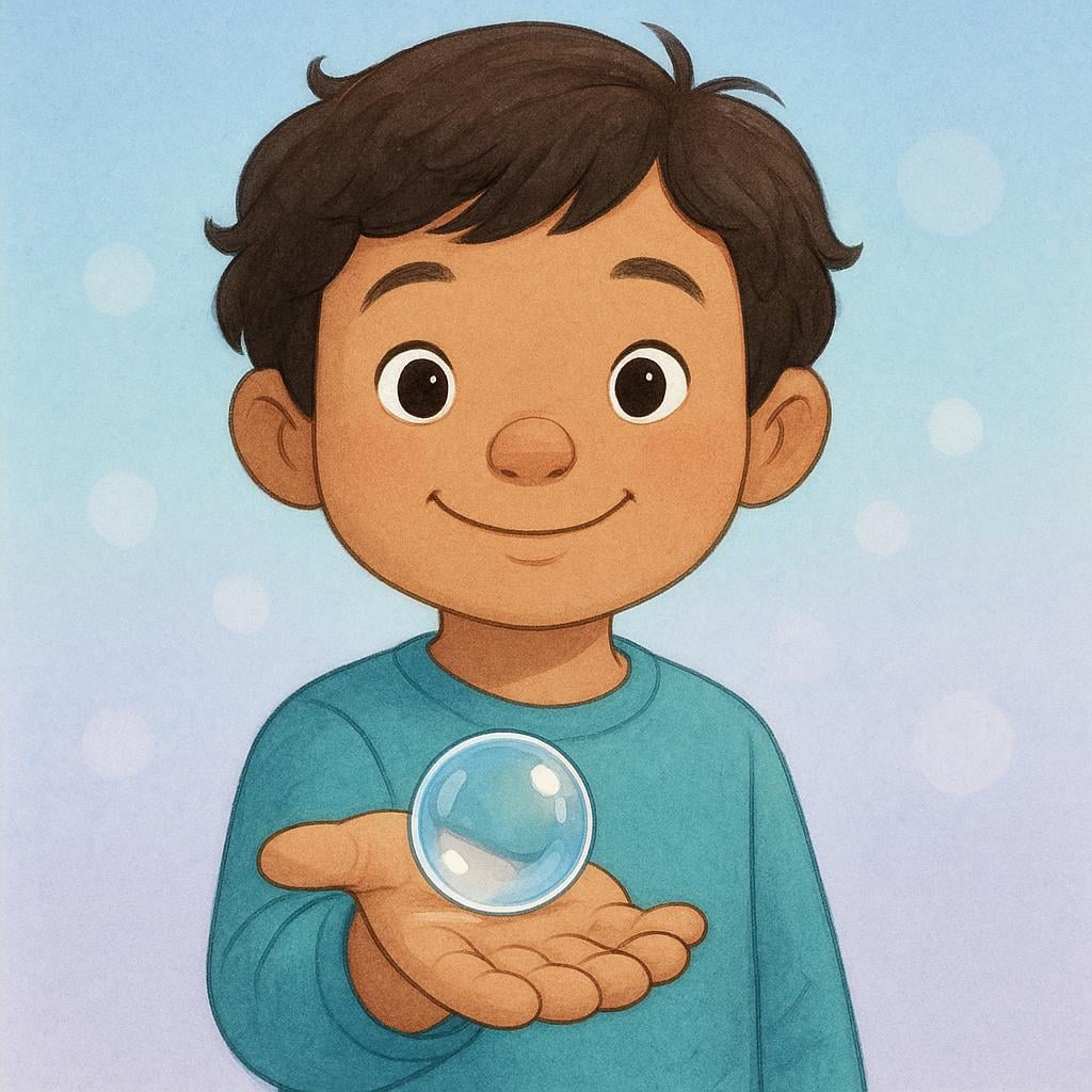 A child with an open, sincere expression, holding a single transparent glass marble in their hand, symbolizing truth and sincerity.
