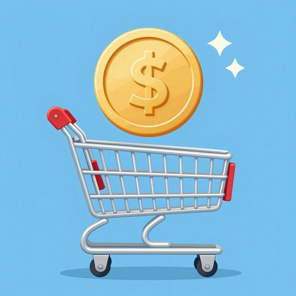 A simple illustration of a full grocery shopping cart. A single, distinct gold coin is floating above the cart, symbolizing an additional cost or charge.