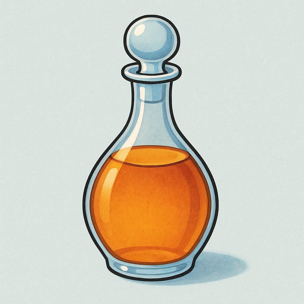 A minimalist illustration showing a clear glass bottle holding a rich, golden-brown alcoholic beverage, emphasizing the color and clarity of the strong drink.