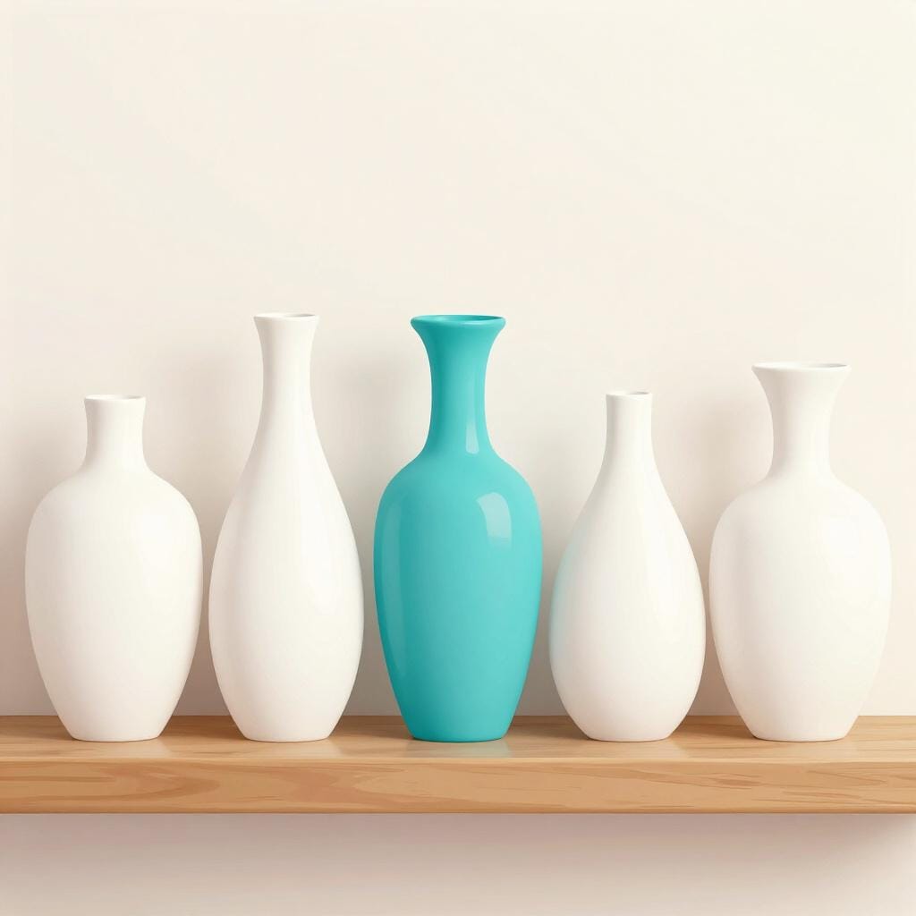 Uma fileira de vários vasos de cerâmica idênticos, com um vaso pintado de uma cor brilhante e diferente para mostrar uma mudança.