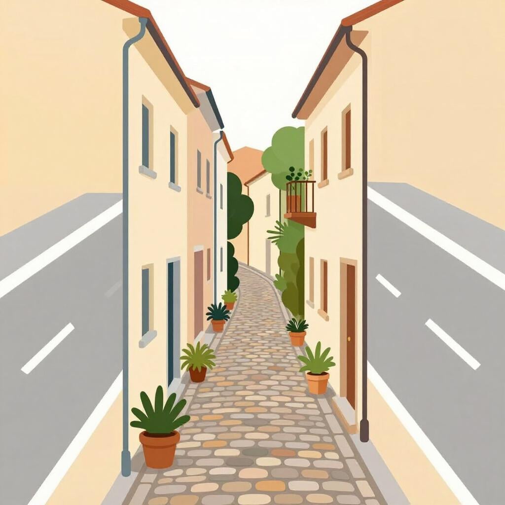 Une étroite rue pavée reliant deux routes principales plus larges dans une ville colorée.