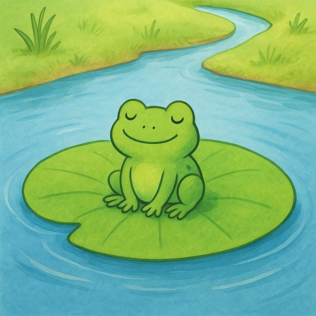 Ein kleiner grüner Frosch ruht friedlich auf einem Seerosenblatt und veranschaulicht das Endergebnis einer Reise durch einen gewundenen Bach.