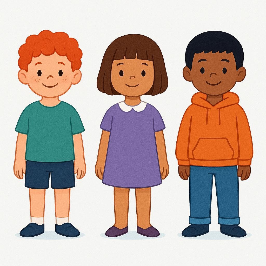 A simple storybook illustration showing three distinct children standing in a row, each with unique features, representing separate personal identities or names.