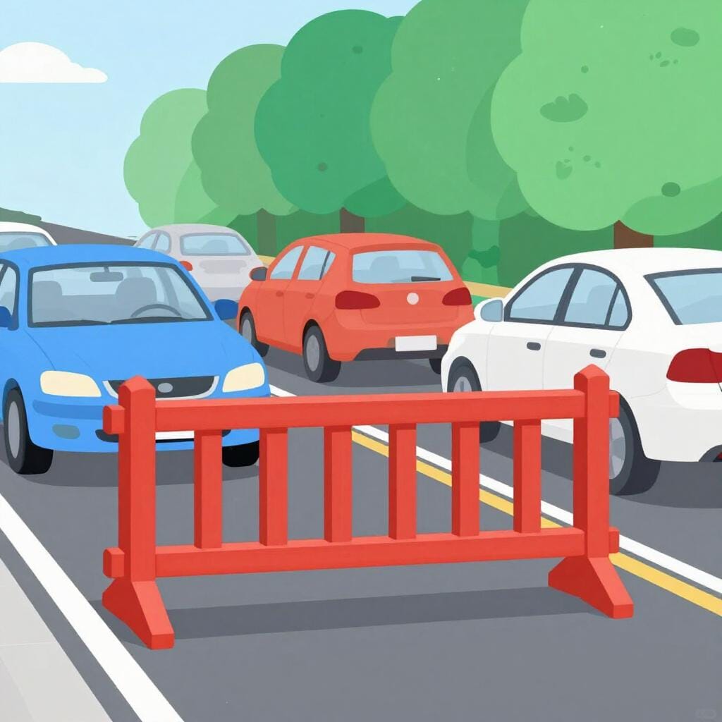 A row of cars stopped at a red construction barricade on a road.