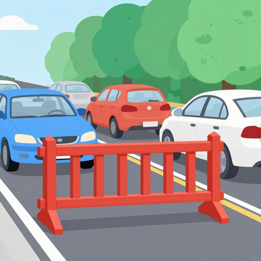 A row of cars stopped at a red construction barricade on a road.